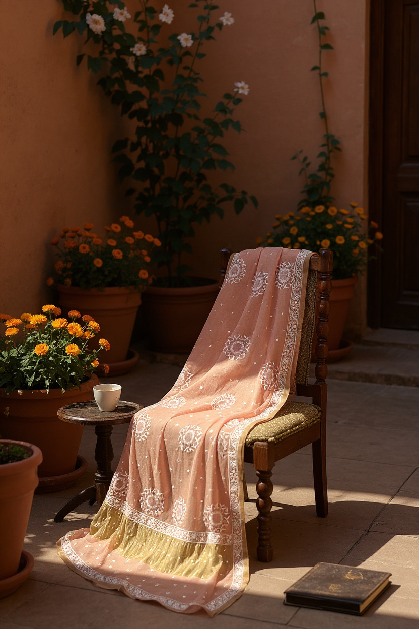 Peach Tissue Dupatta with Chikankari & Embellishments