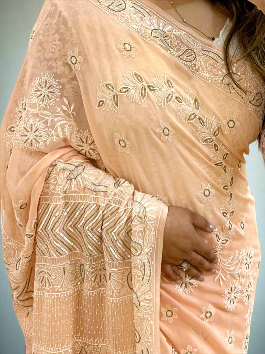 Pastel Peach Saree with Chikankari & Embellishments