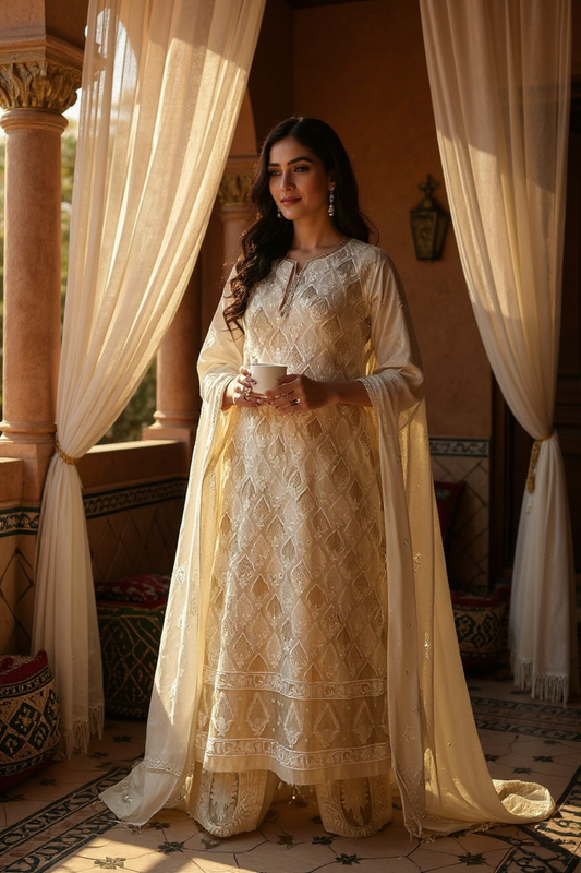 Elegant ivory Chanderi suit with chikankari and embellishments, perfect for special occasions.