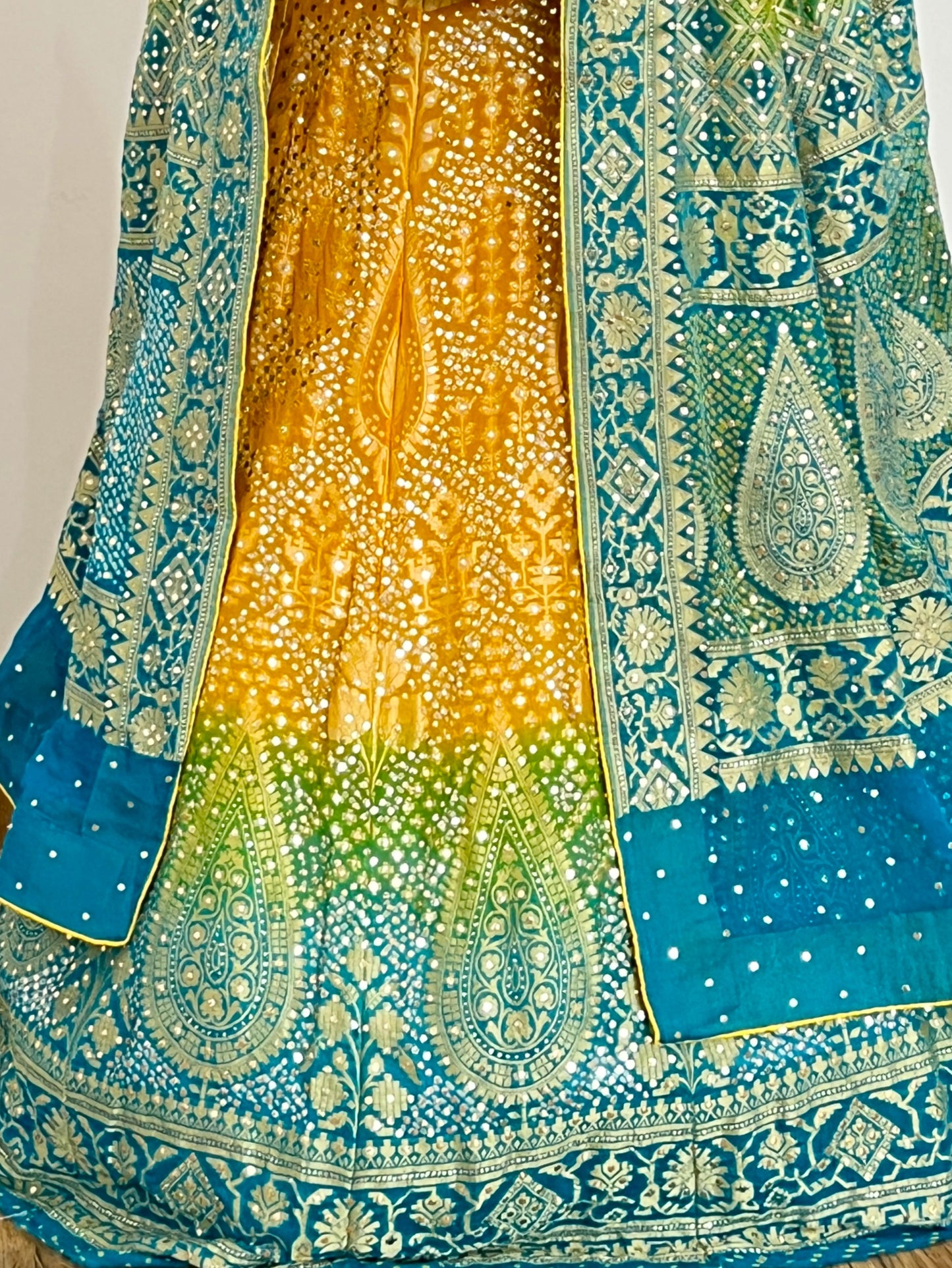 Multicolour Mukaish Bandhej Lehanga Set