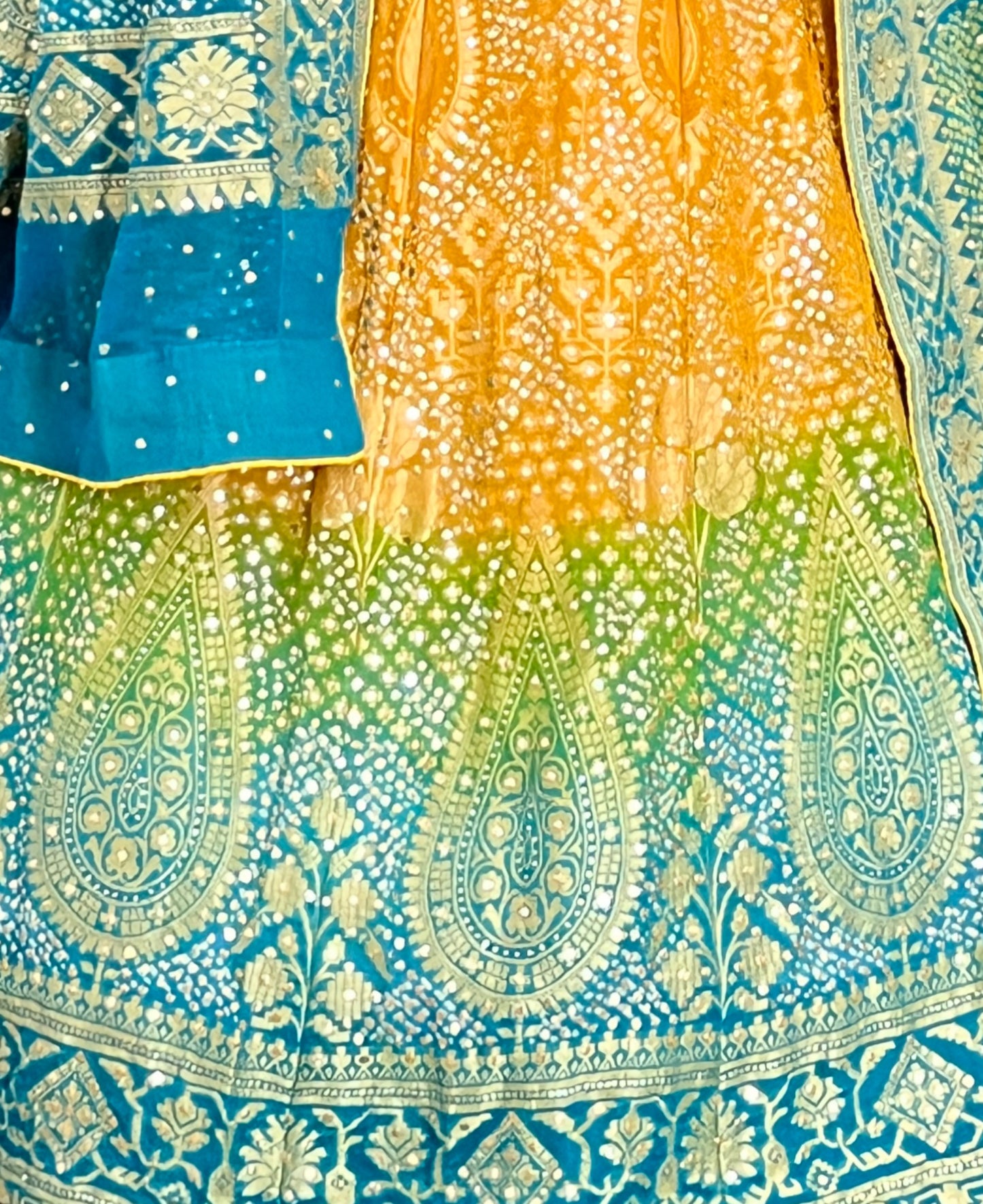 Multicolour Mukaish Bandhej Lehanga Set