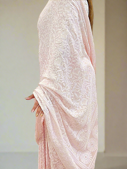 Dewy Pink Pure Georgette Saree with Chikankari & Haath Jaali