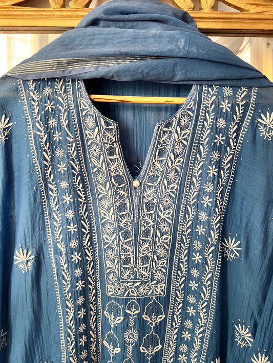 Prussian Blue Mul Chanderi Suit Set with Hand-Embroidered Chikankari & Kamdani