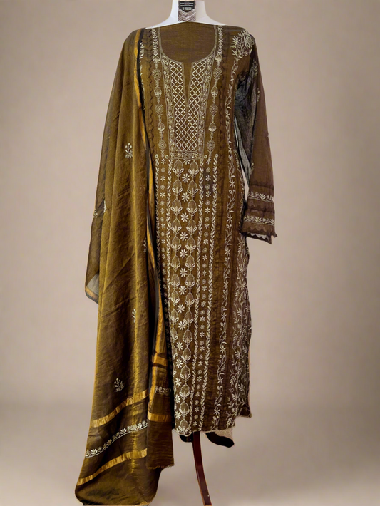 Black Golden Tissue Chanderi Silk with Chikankari, Appliqué & Haath Jaali