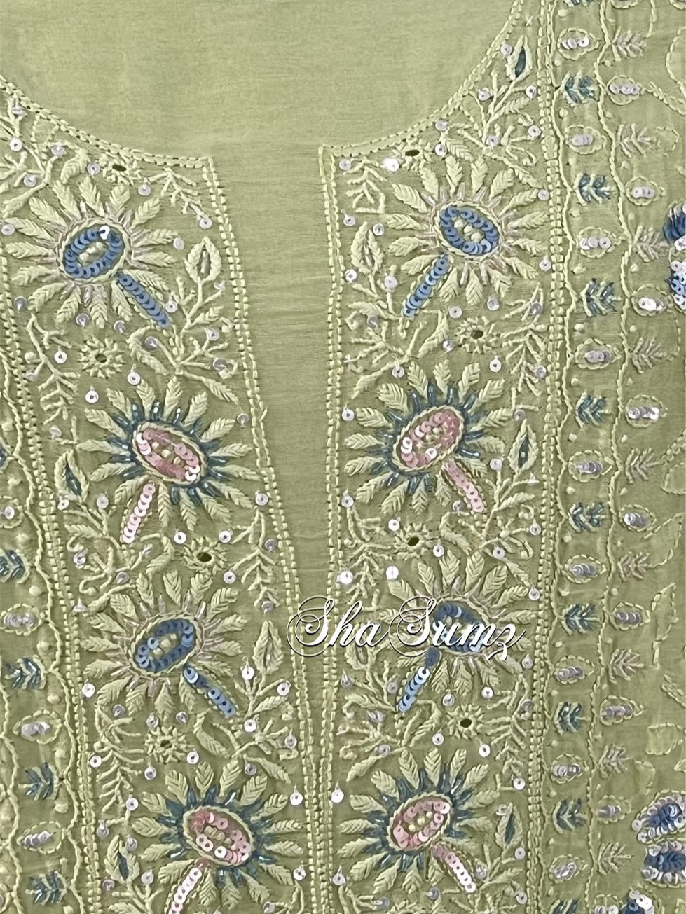 Pista Green Chanderi Suit with Chikankari & Embellishments