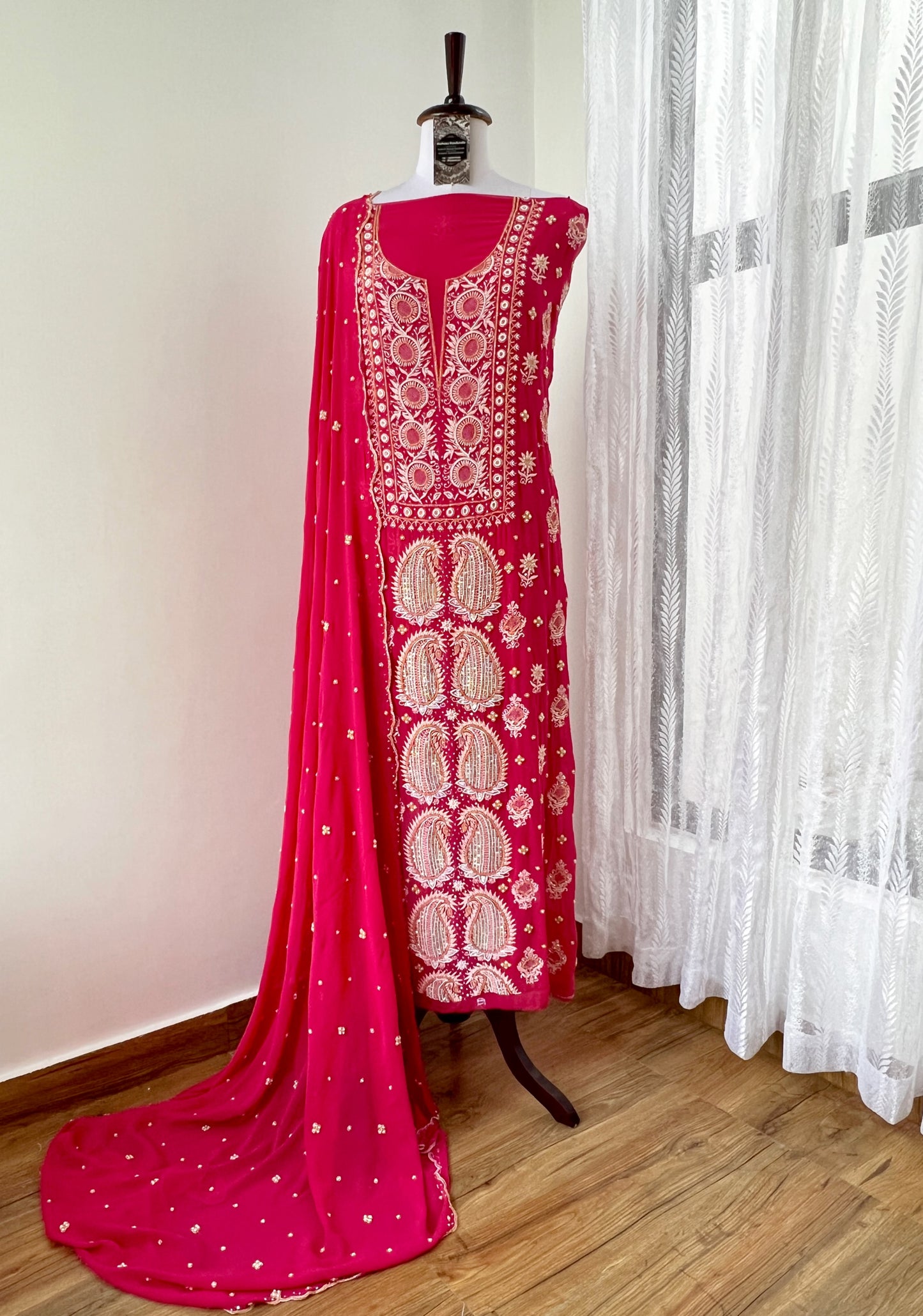 Soft Red Pure Georgette Suit with Chikankari & Embellishments