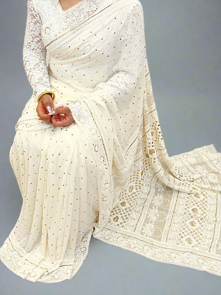 Saree with Chikankari & Mukaish Badla