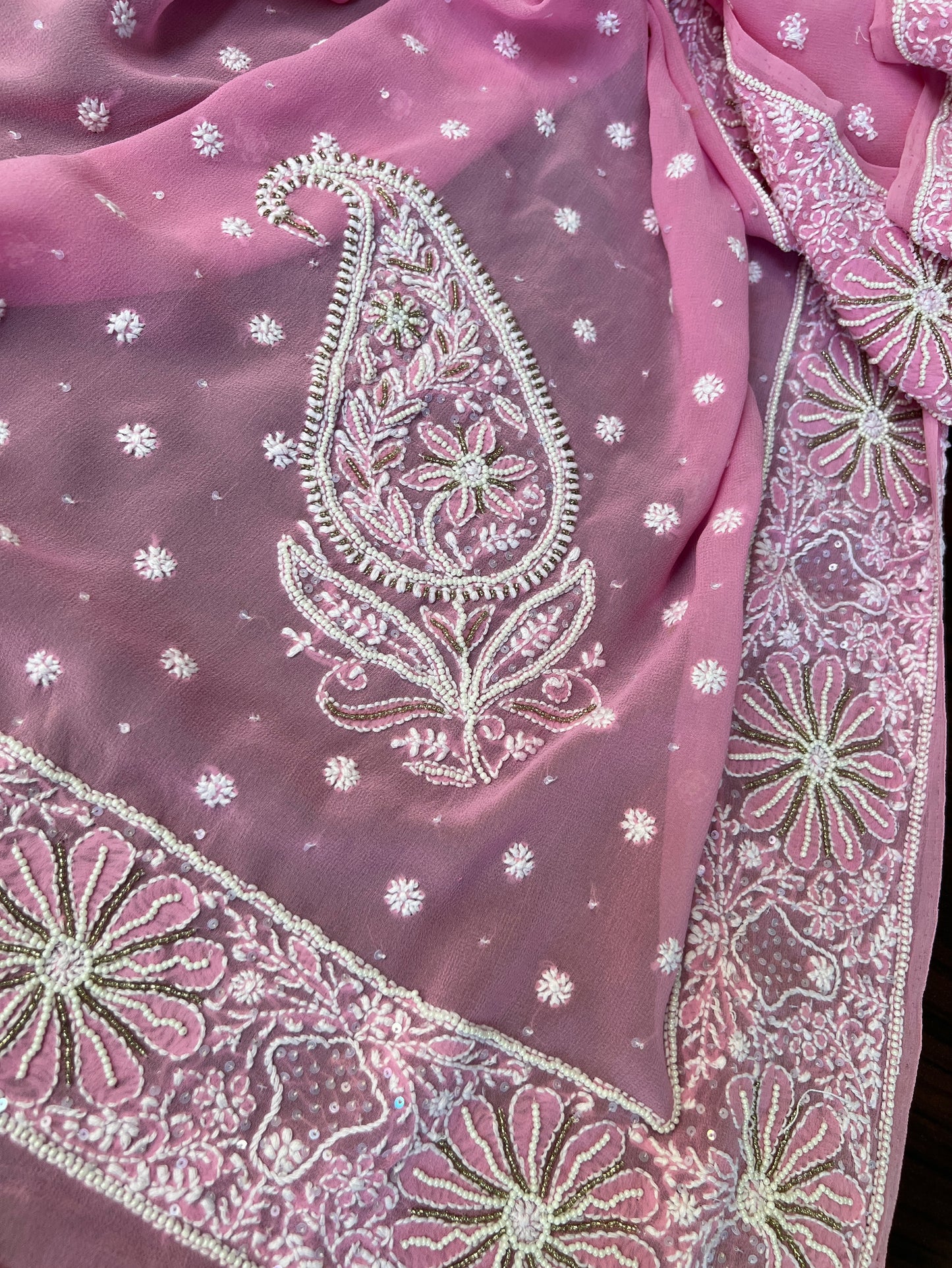 English Rose Pure Georgette Dupatta with Chikankari & Embellishments