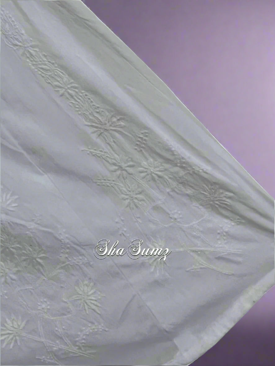 Close-up of intricate white ShaSumz Chikankari embroidery on a 24 Kali Anarkali