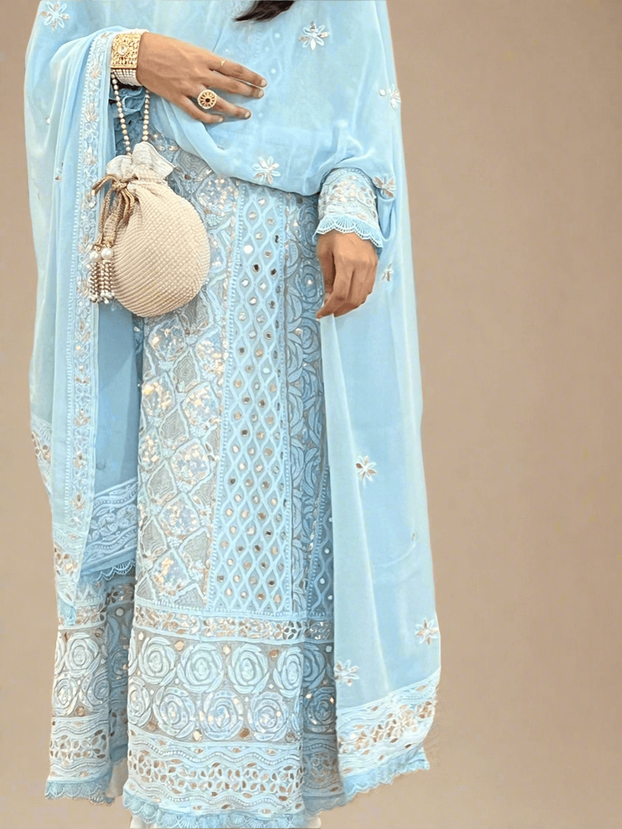 Powder Blue Anarkali with Chikankari & embellishments