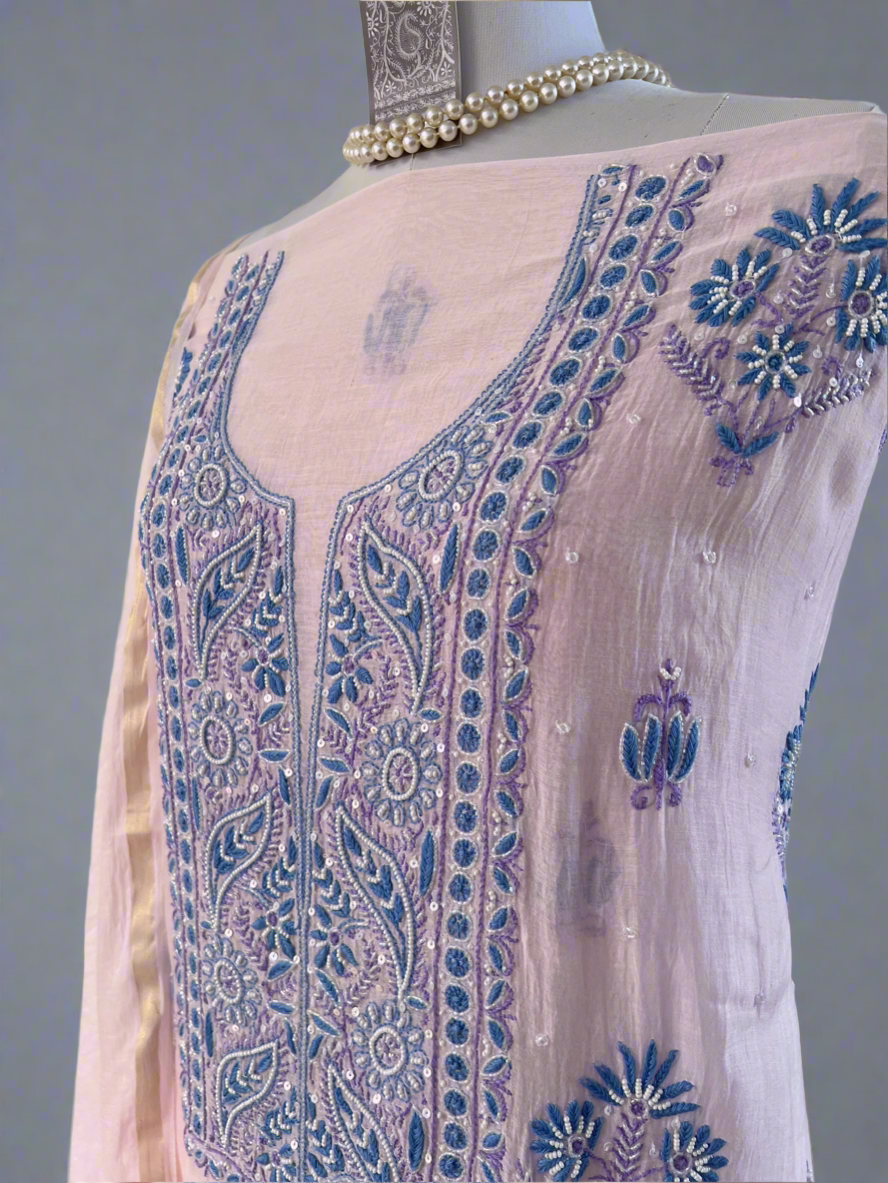 Powder Pink Mul Chanderi Suit with Blue & Purple Chikankari