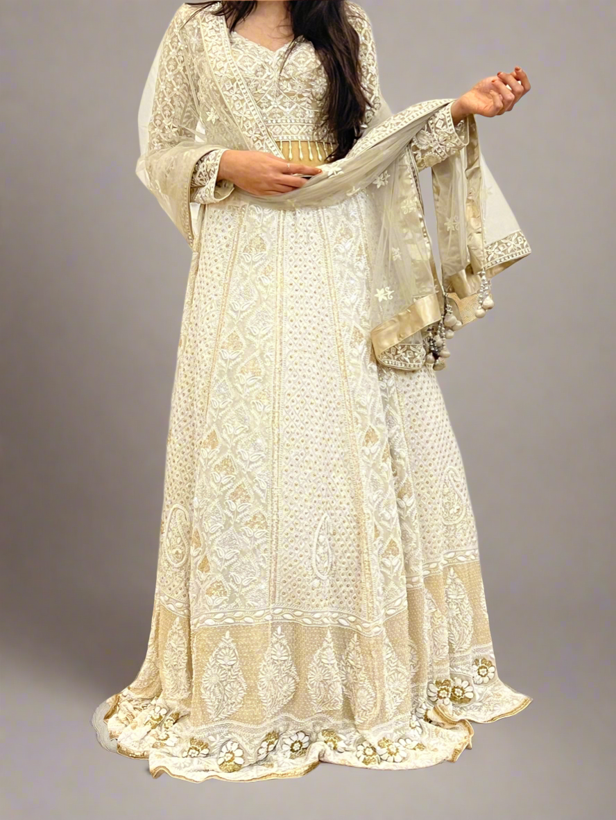 Ivory & Gold Lehenga Skirt with Chikankari, Zardozi & Embellishments