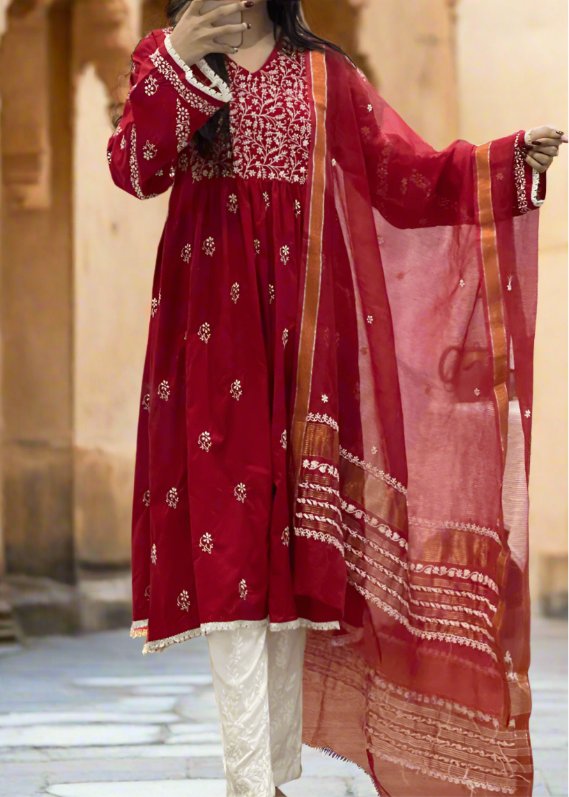 Scarlet Red Cotton Chikankari Kalidar Kurti