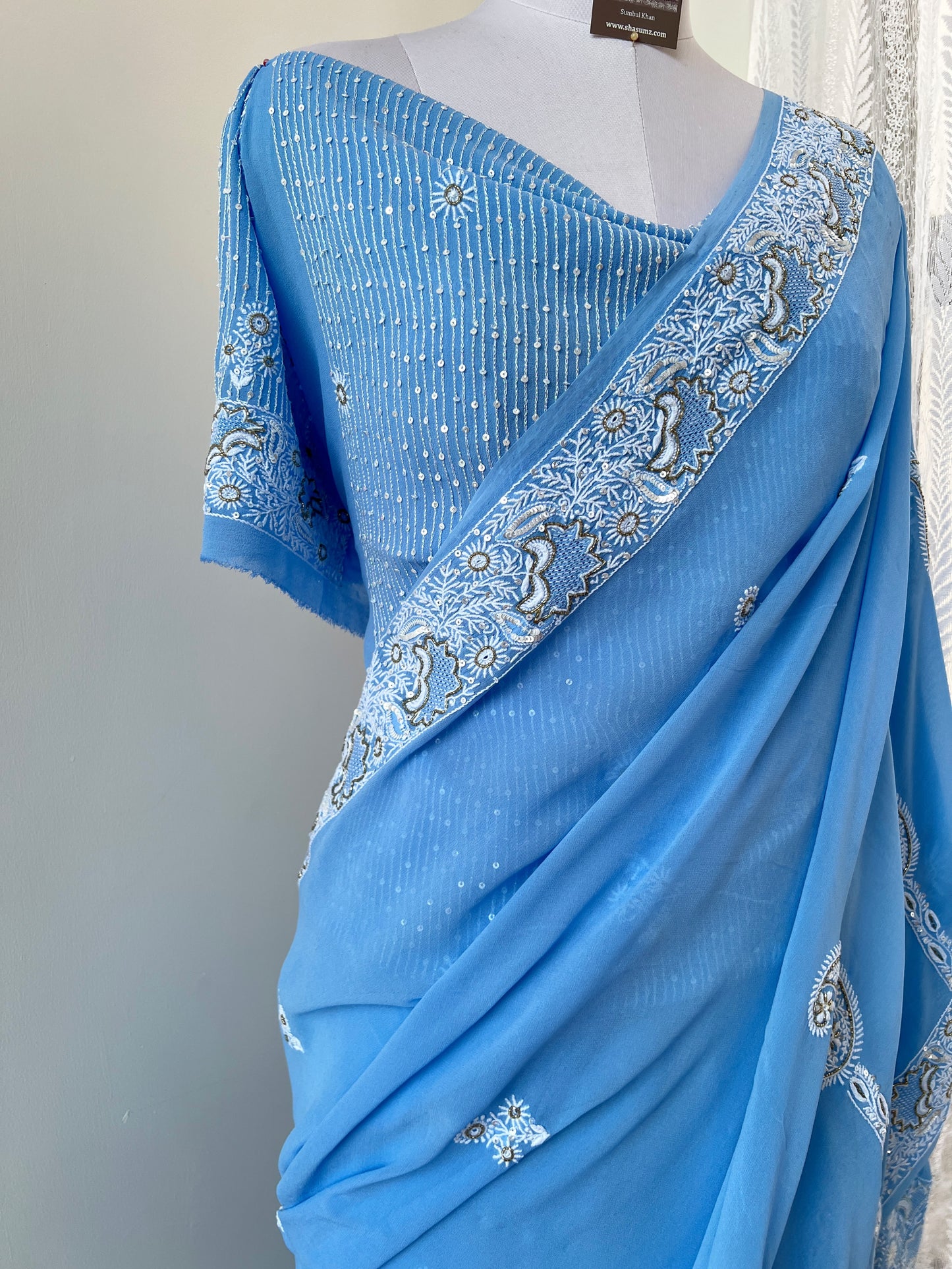 Powder Blue Saree with Do Taar Chikankari & Embellishments