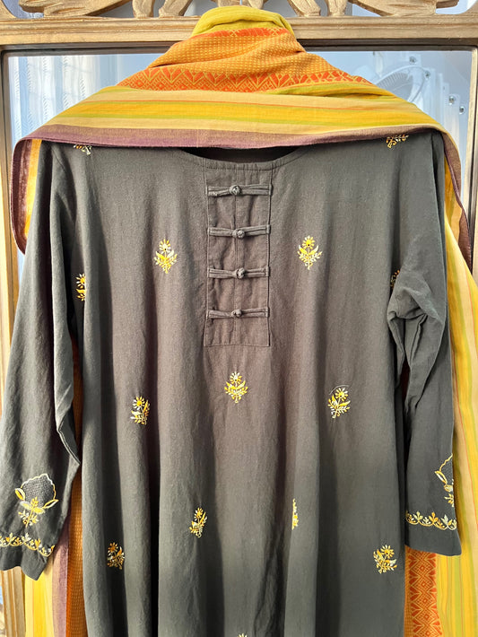 Olive Green Kurta Set with Multi Colour Chikankari & Haath Jaali
