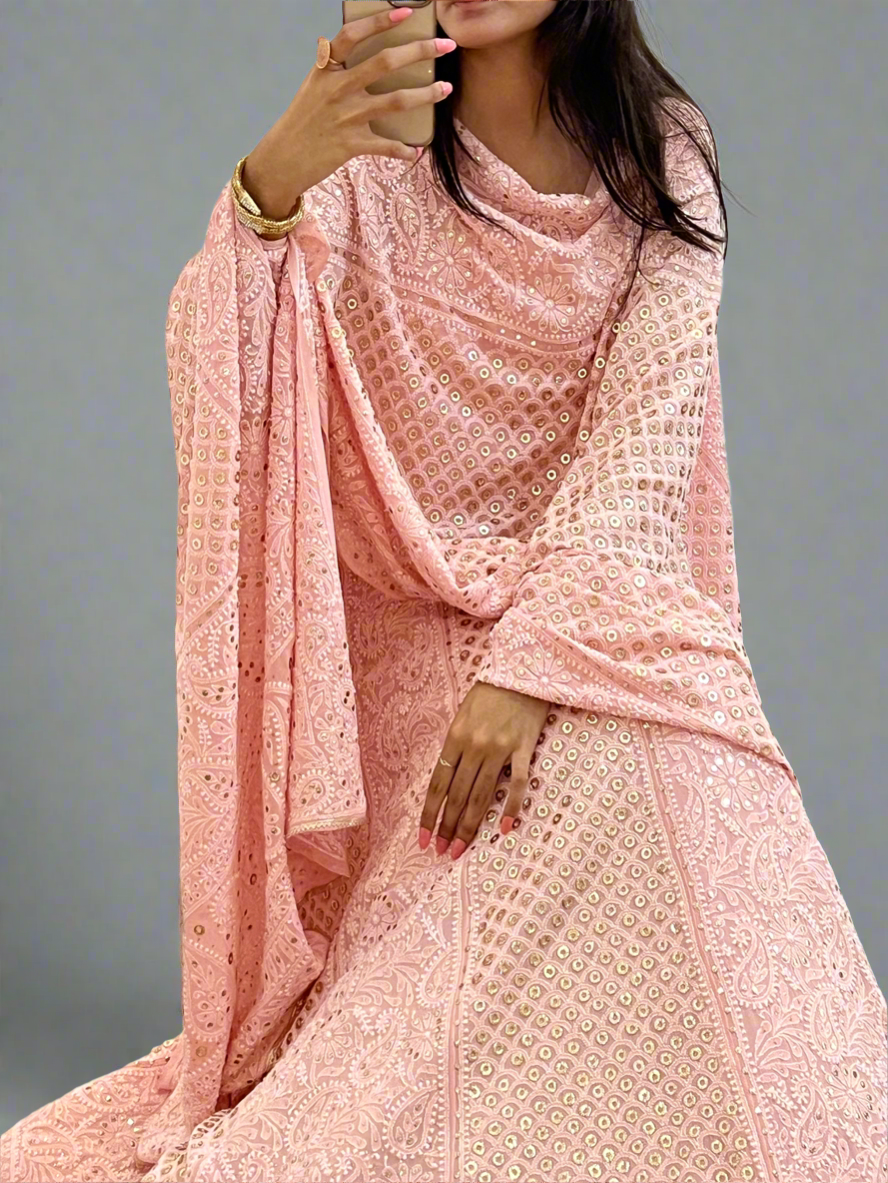 Pink Chikankari & Mukaish Lehenga Set