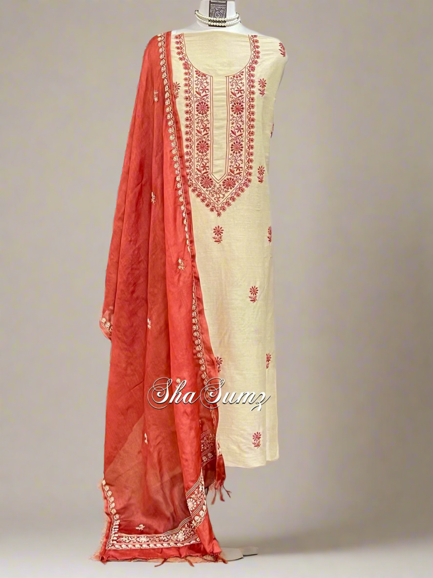 Beige & Rust Pure Munga Silk Suit with Chikankari