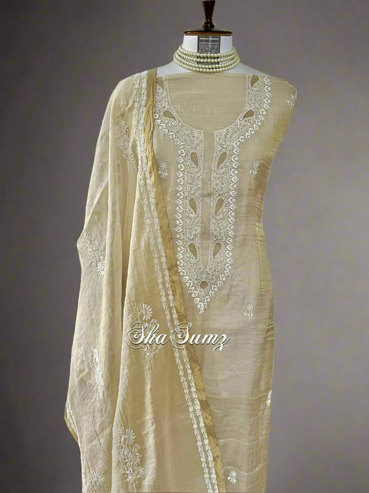 Golden Beige Tissue Chanderi Silk Suit with Chikankari & Kasab Haath Jaali