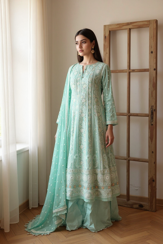 Model wearing a mint green Anarkali with Chikankari and embellishments, showcasing intricate design onPure Georgette fabric.