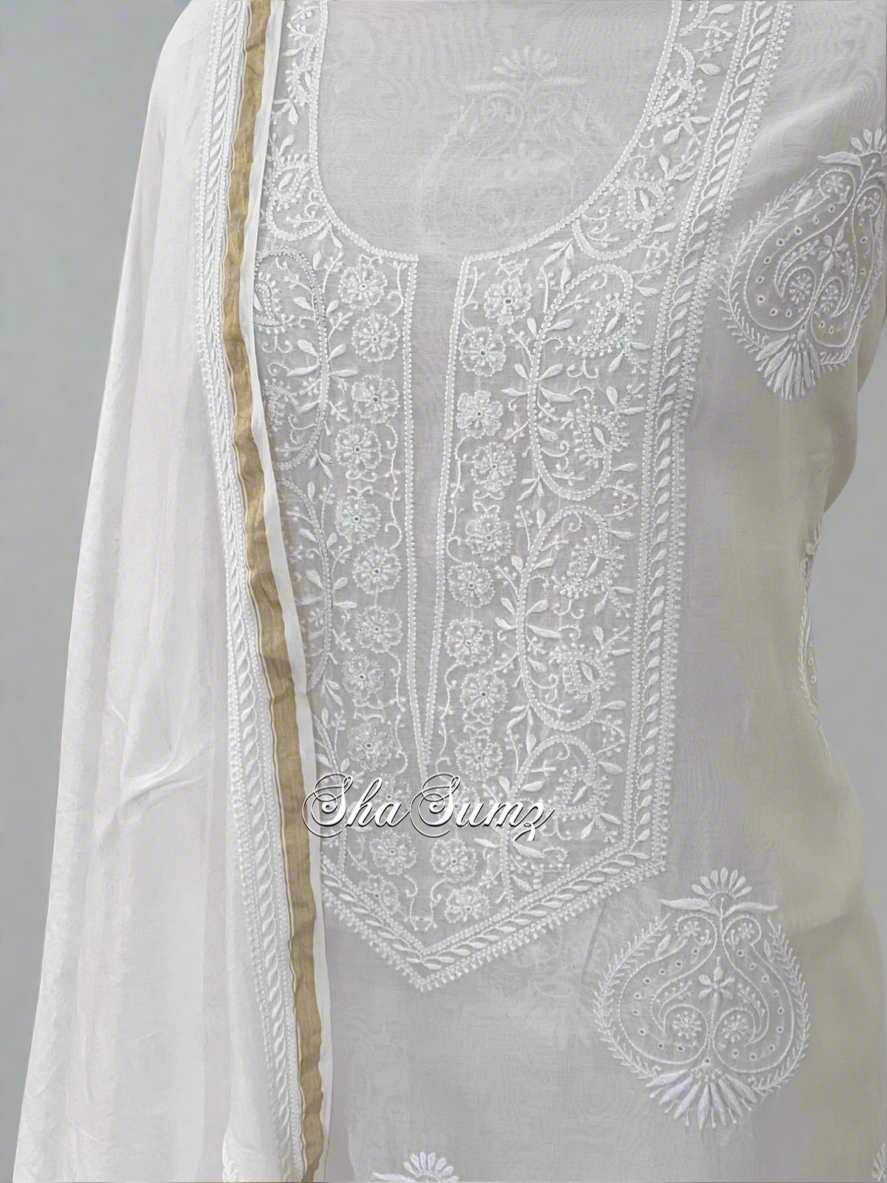 White Pure Chanderi Silk Suit with Do Taar Chikankari