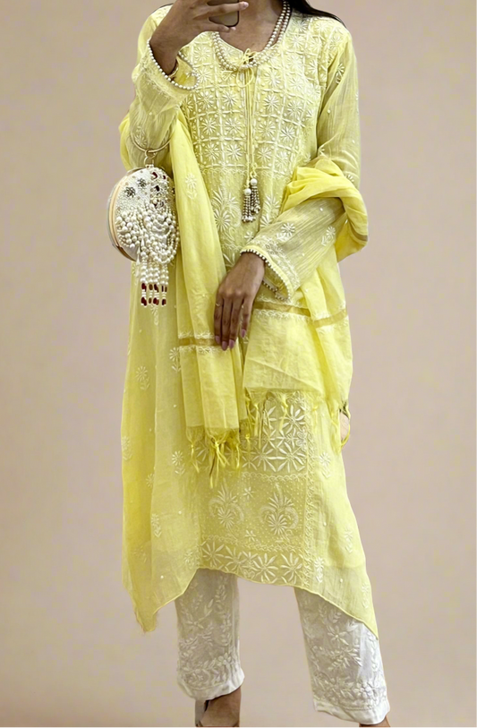 Lemon Yellow Mul Chanderi Chikankari & embellishments Suit
