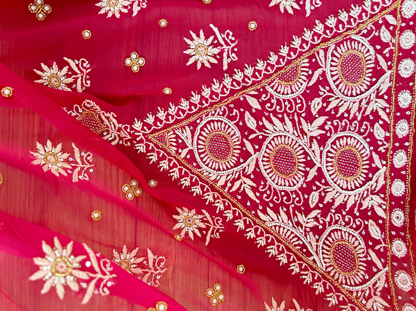 Soft Red Pure Georgette Suit with Chikankari & Embellishments