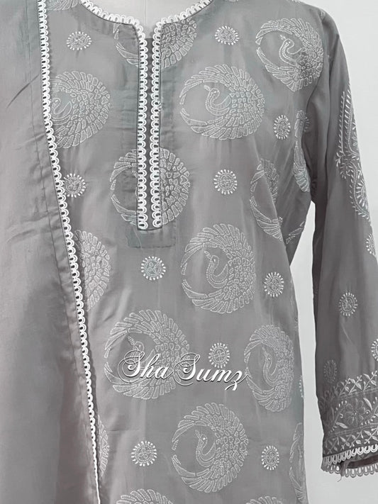 Birds Design on Light Grey Cotton Voile Suit