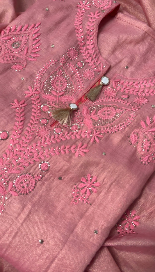 Carrot Pink Tissue Chanderi Silk Suit
