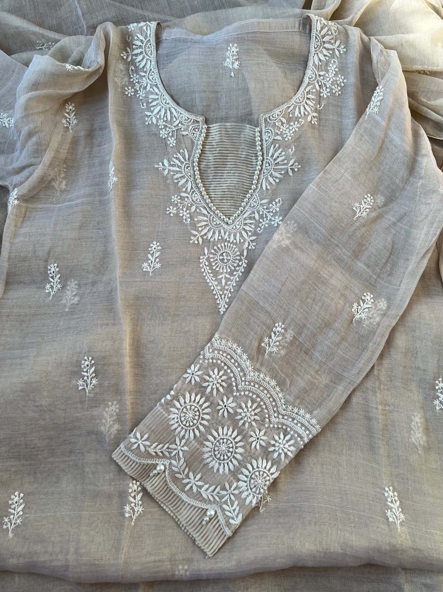 Natural Pure Tissue Silk Hand-Embroidered Chikankari Suit Set with Pearl Detailing
