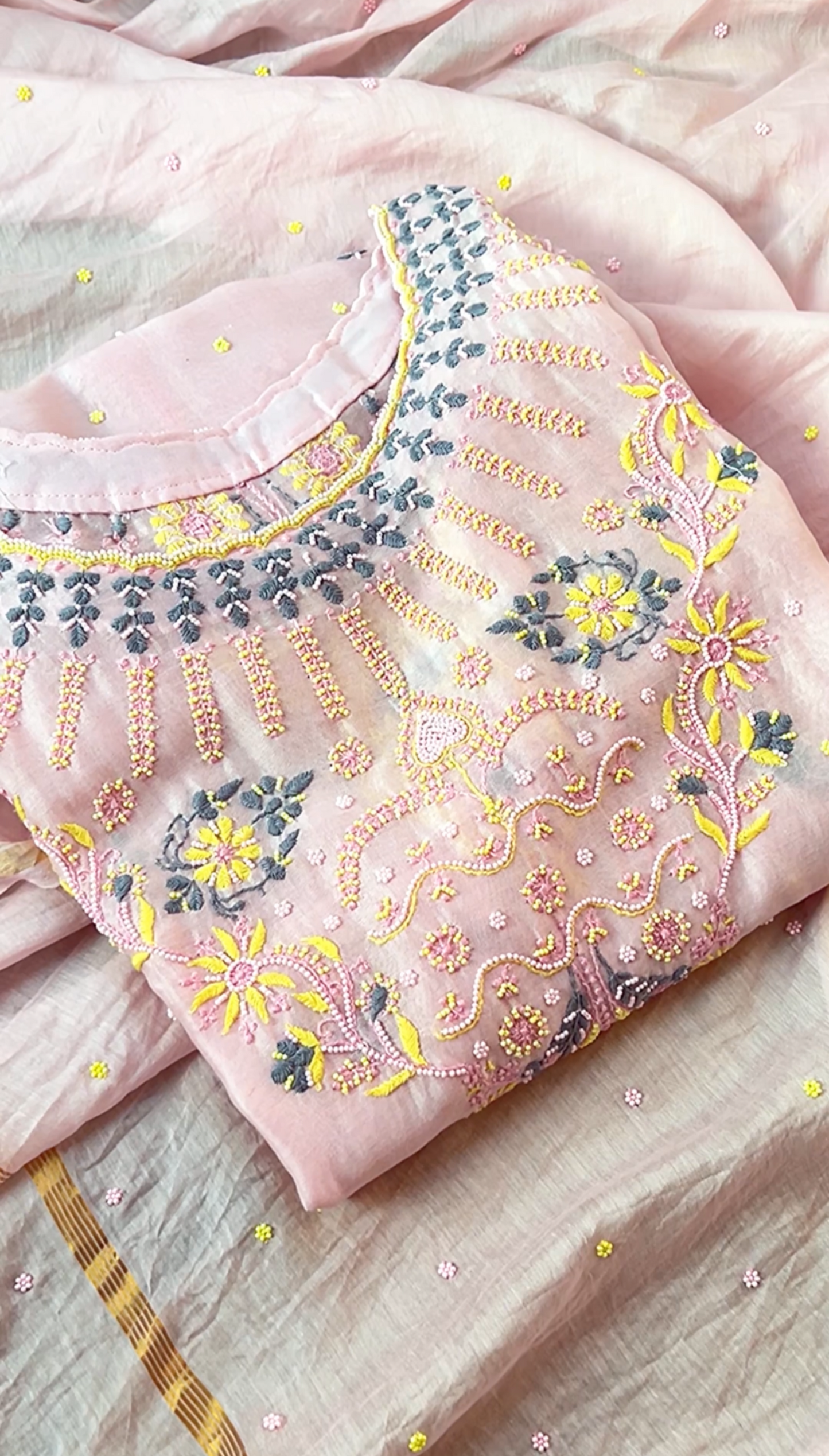 Blush Pink Chanderi Silk Suit with Chikankari & Pearls- folded