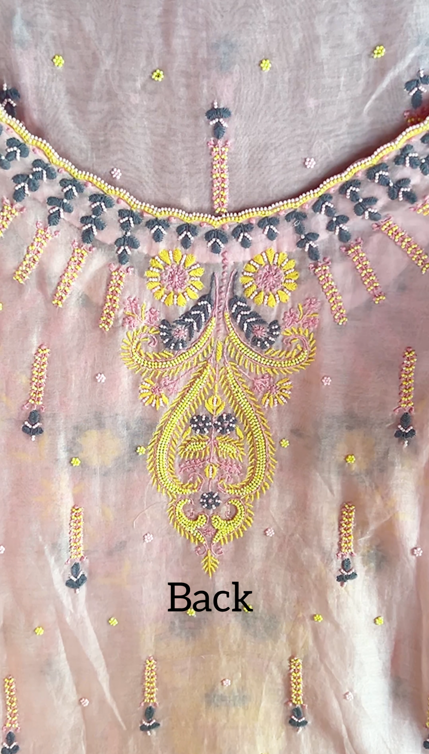 Blush Pink Chanderi Silk Suit with Chikankari & Pearls close up