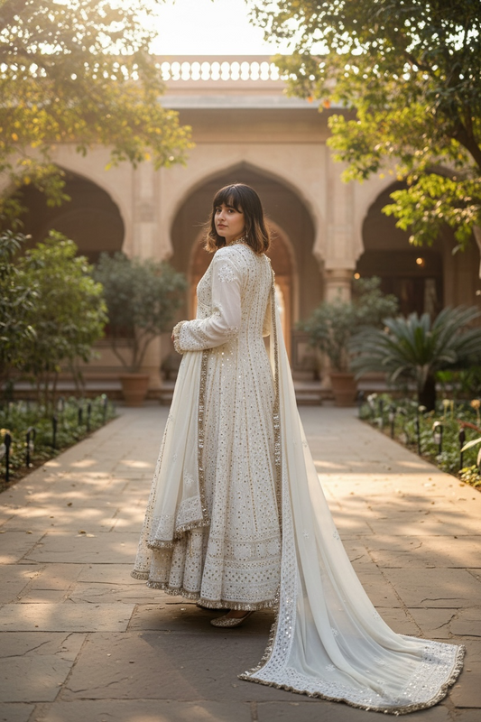 Chikankari and Mukaish Pure Georgette Angarkha