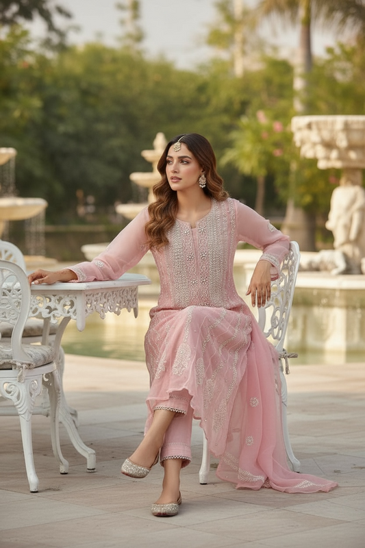 Pink Pure Organza Silk Anarkali – Hand-Embroidered Chikankari & Luxe Embellishments