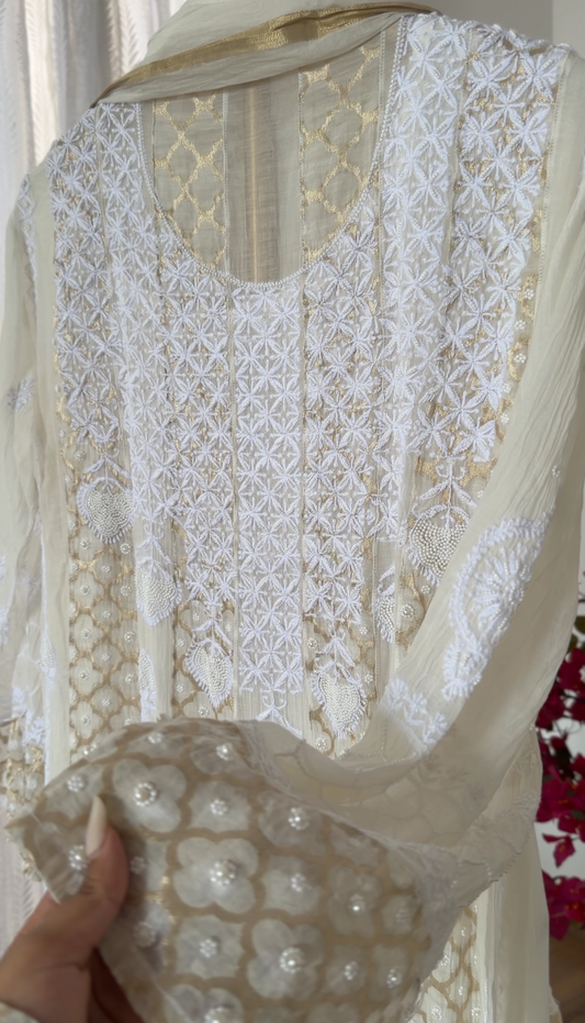 Mul Chanderi Chikankari Anarkali with Pearls, Sequins and Zari | Dyeable Custom Colour | ShaSumz Chikankari