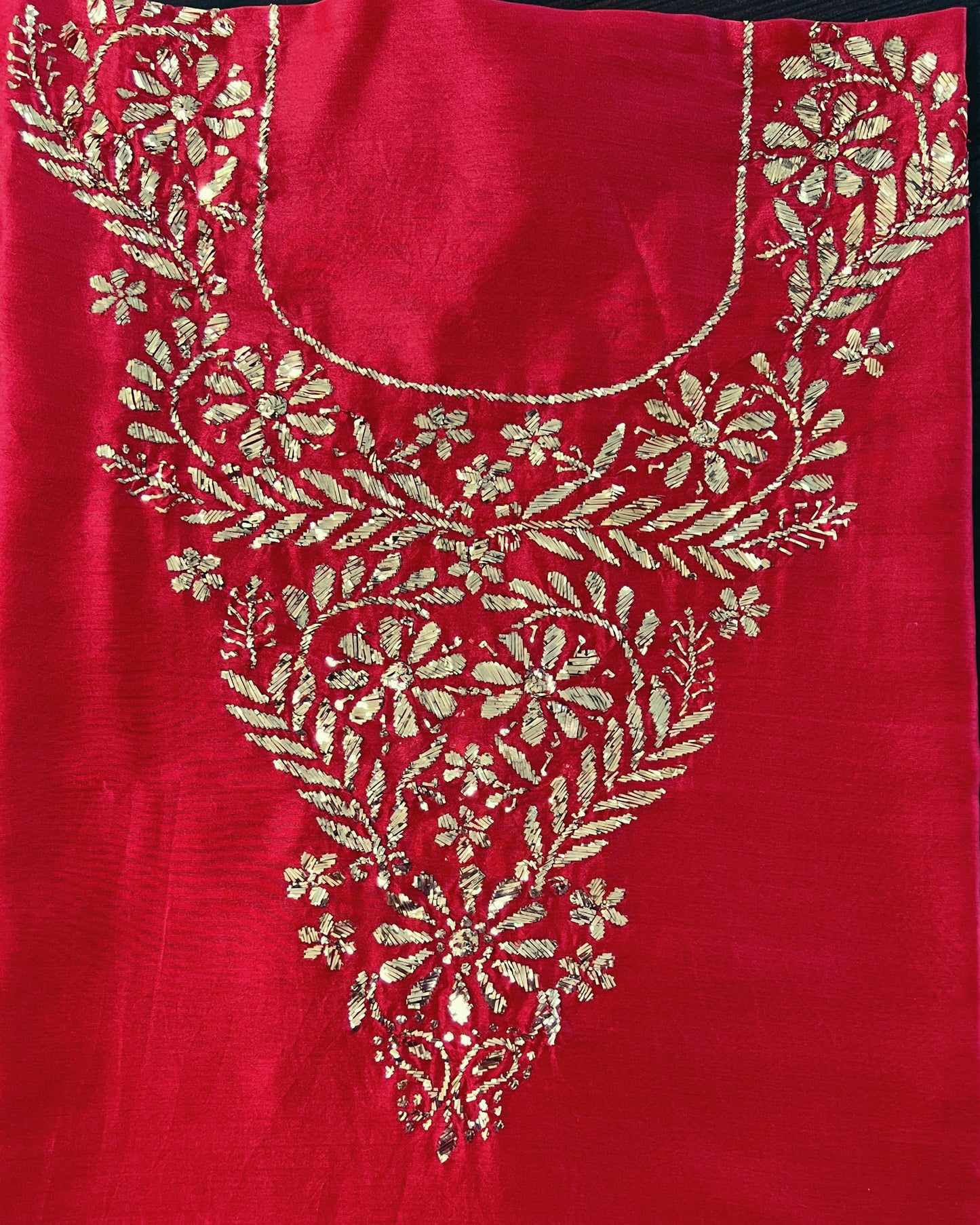 Deep red Chanderi Mukaish kurta close up