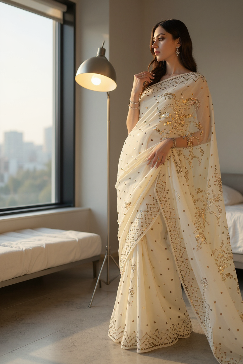 Ivory Saree with Mukaish & Badla