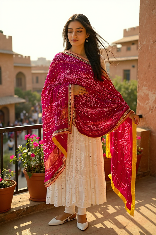 Royal Fuchsia Pink Silk Bandhej Dupatta with Mukaish