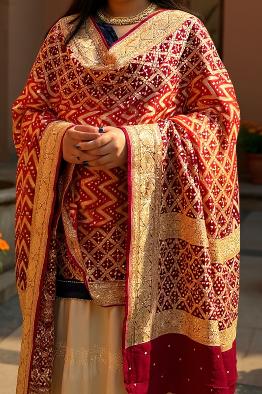 Maroon & Burnt Orange Banarsi Bandhej Pure Georgette Mukaish Dupatta