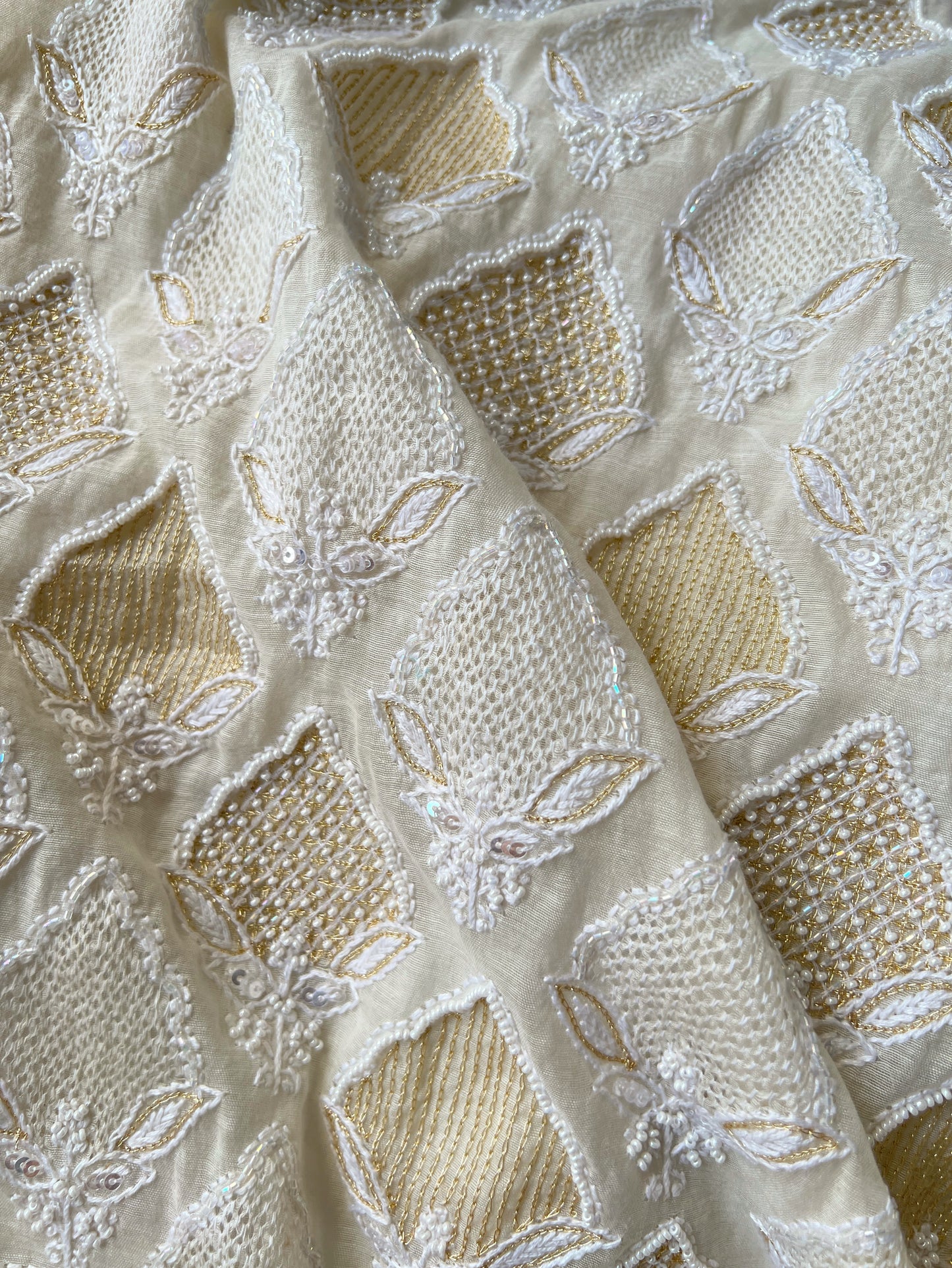 Ivory Chanderi Suit with Chikankari & Embellishments & Haath Jaali
