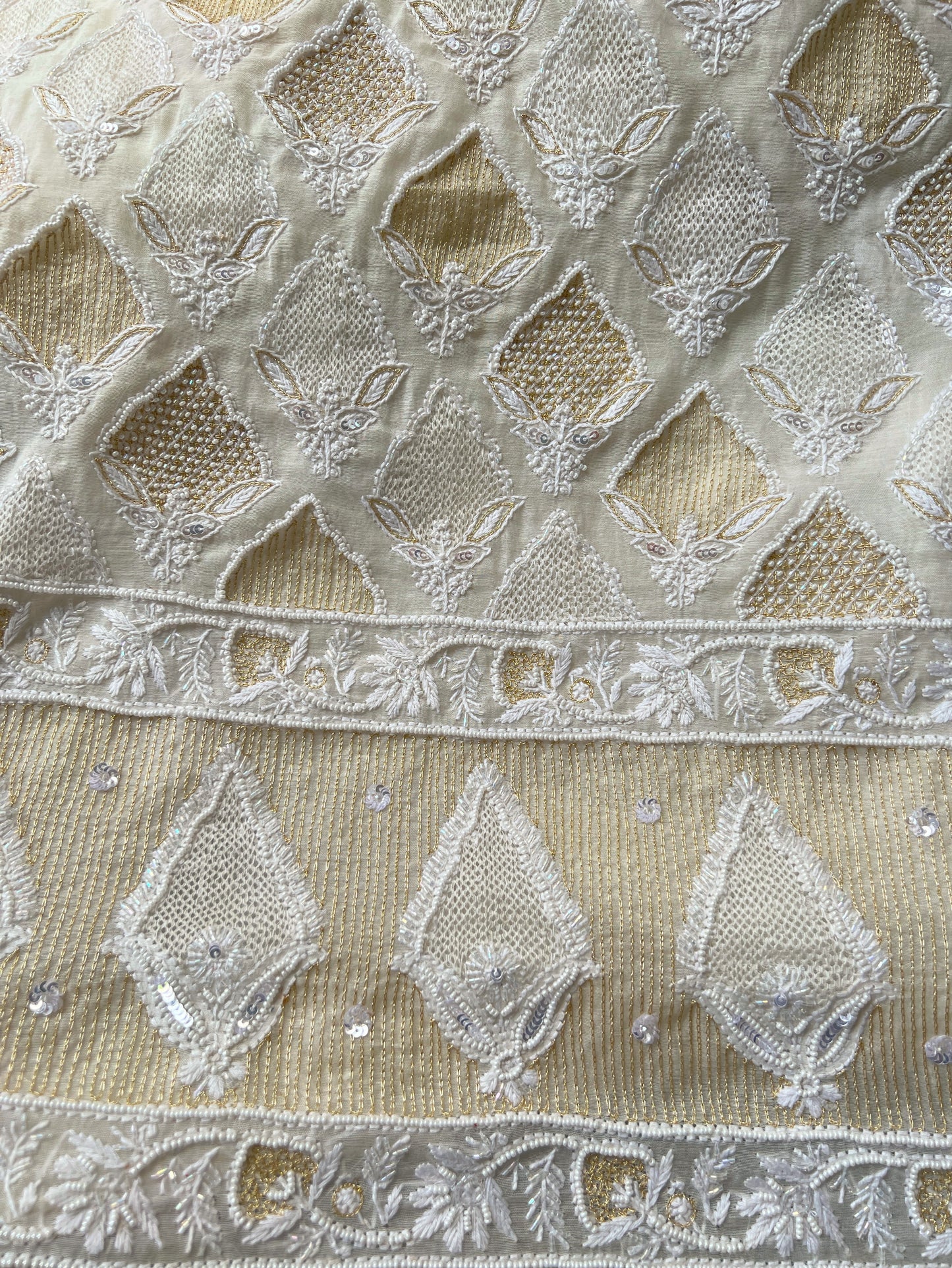 Ivory Chanderi Suit with Chikankari & Embellishments close up