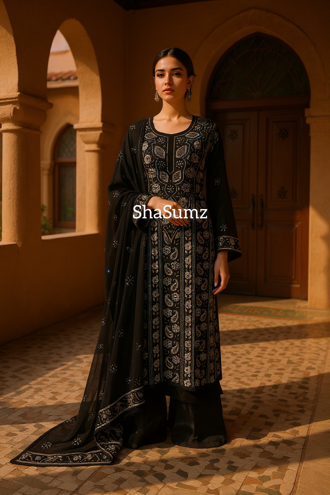 Black Pure Georgette Suit with Chikankari, Blue & Gold Embellishments