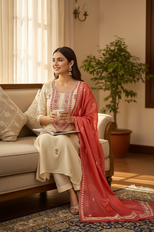 Beige Munga Silk Suit with Chikankari, featuring intricate embroidery and elegant styling, perfect for any occasion.