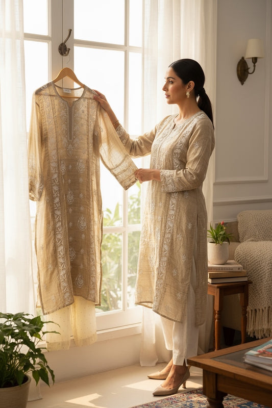 Woman admiring Pure Tussar Silk Kurta with Chikankari and Mukaish