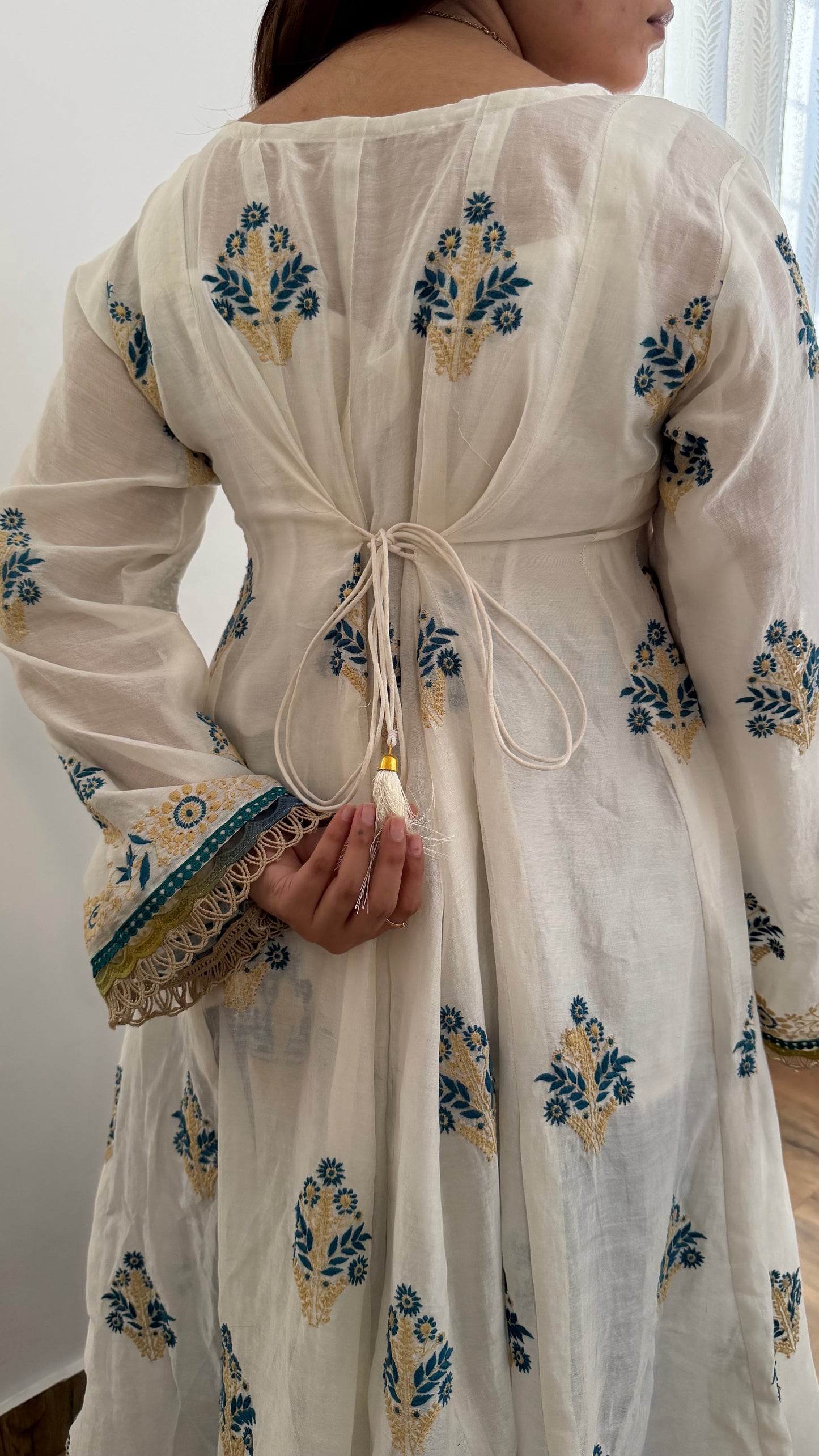 Back strings of Boho-Chic Ivory Anarkali by ShaSumz