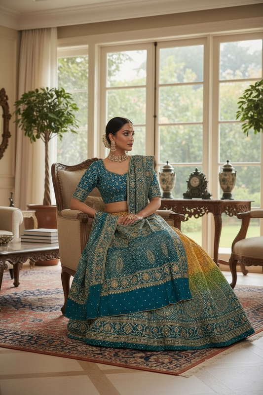 Multicolour Mukaish Bandhej Lehanga Set