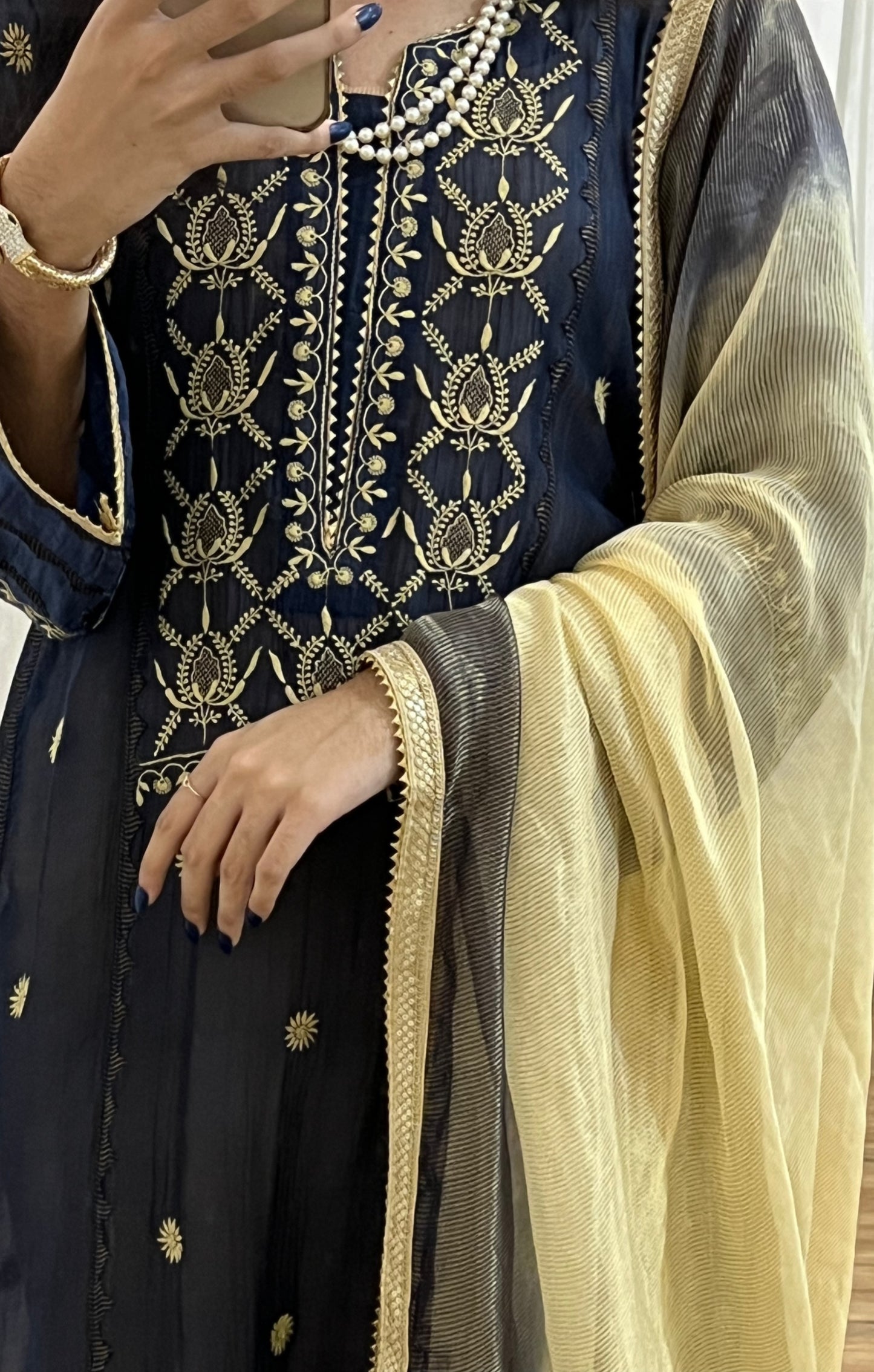 Midnight Blue Mul Chanderi Suit with Chikankari & Appliqué