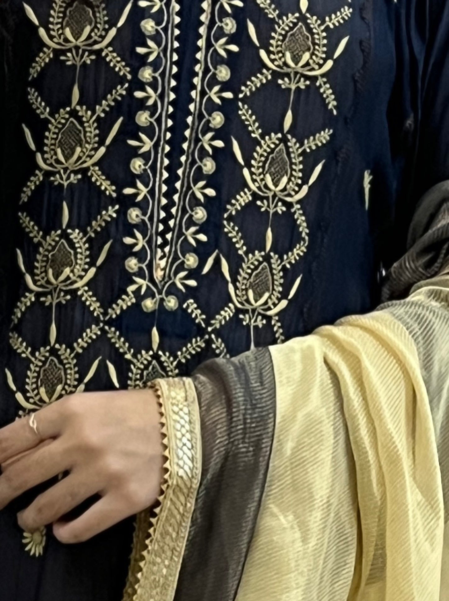 Midnight Blue Mul Chanderi Suit with Chikankari & Appliqué