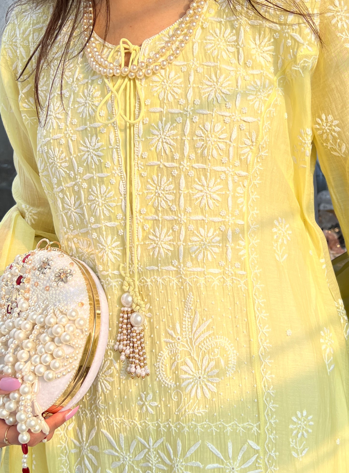 Lemon Yellow Mul Chanderi Chikankari & embellishments Suit