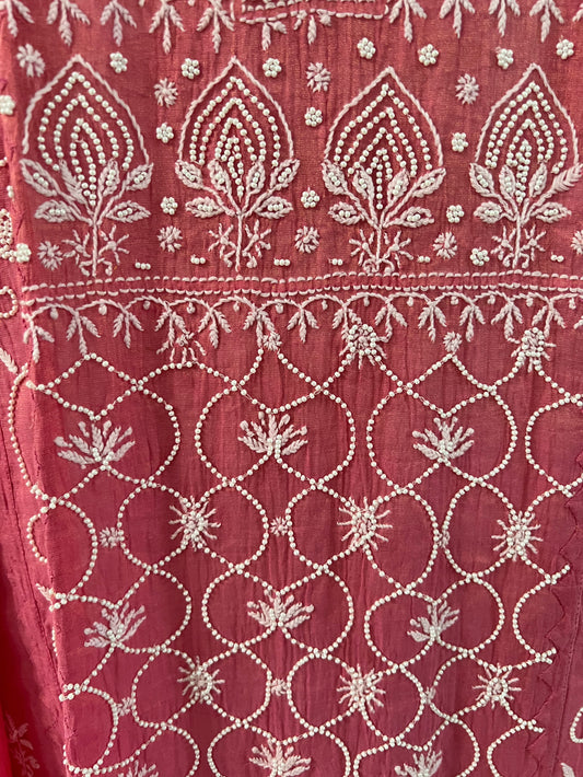 Pink Tissue Chanderi Silk Suit with Chikankari and Embellishments