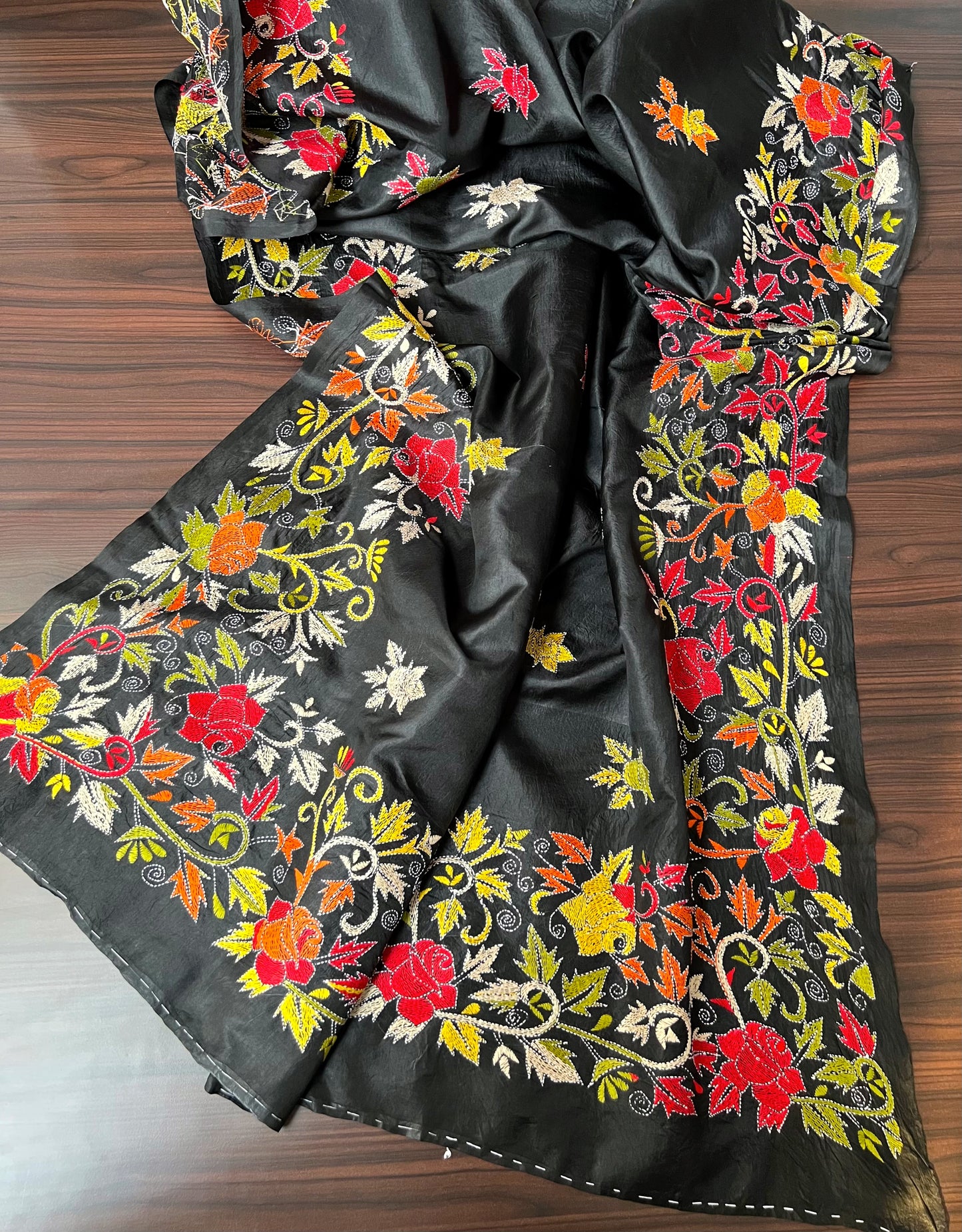 Black Silk Dupatta with Kantha Work